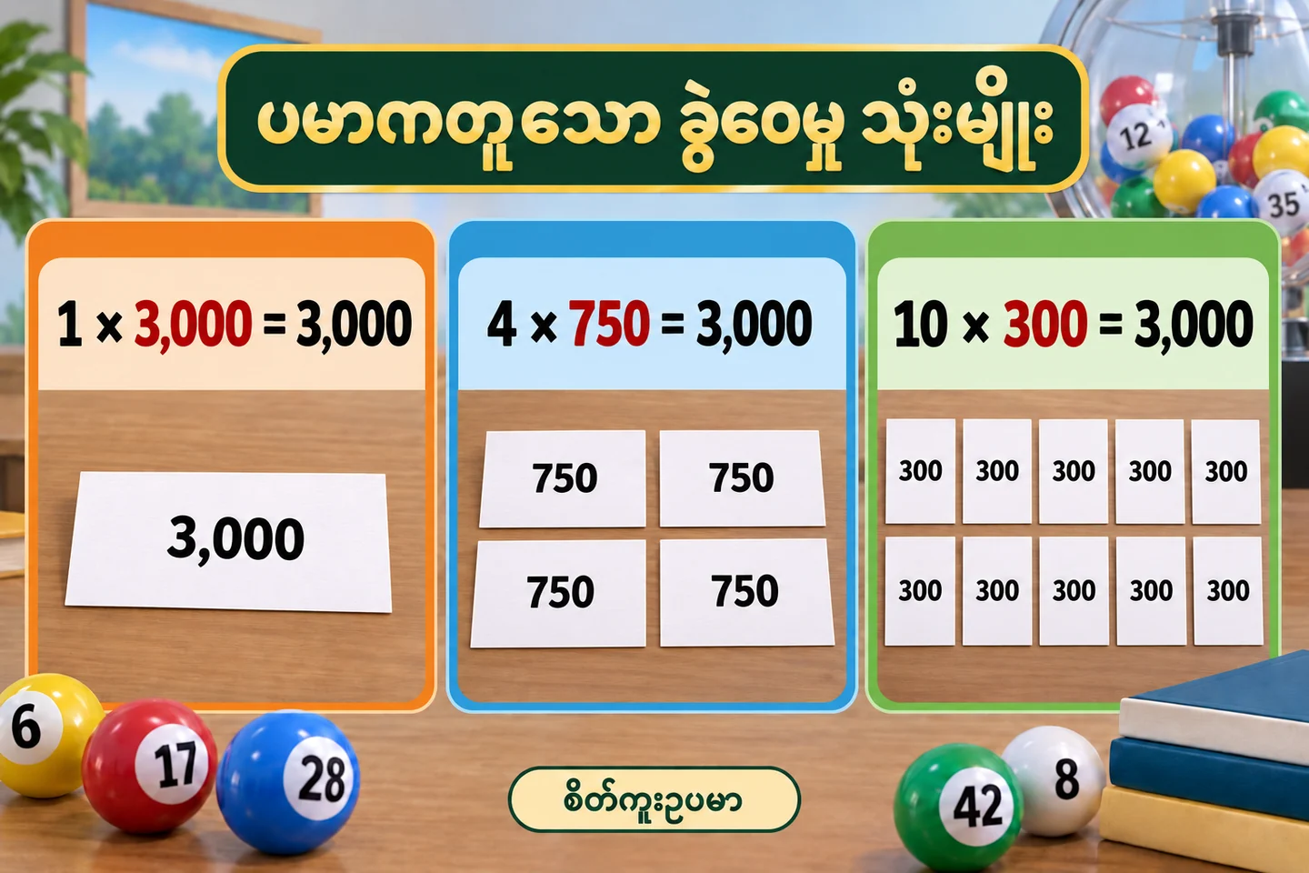 ဘတ်ဂျက်တူသည့် ဂဏန်းခွဲဝေမှုကို နှိုင်းယှဉ်နည်း ကို ရှင်းပြသော စိတ်ကူးဥပမာပုံ။