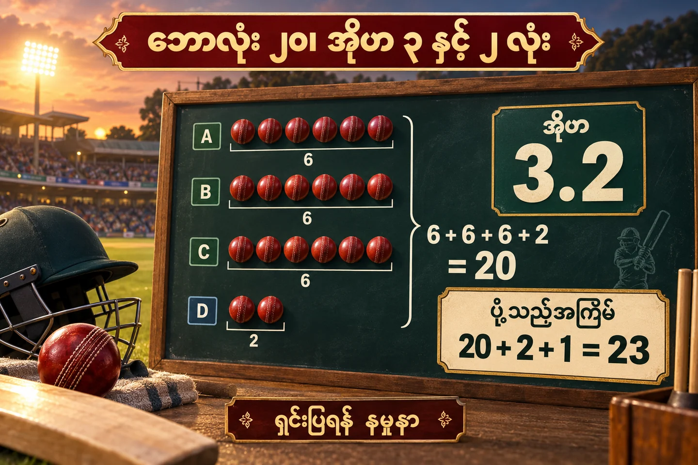 Valid ball ၂၀ ကို ၆+၆+၆+၂ ခွဲပြီး 3.2 overs ဟု ရေးထားပုံ